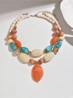 Coral, Turquoise & Cream Statement Bead Necklace